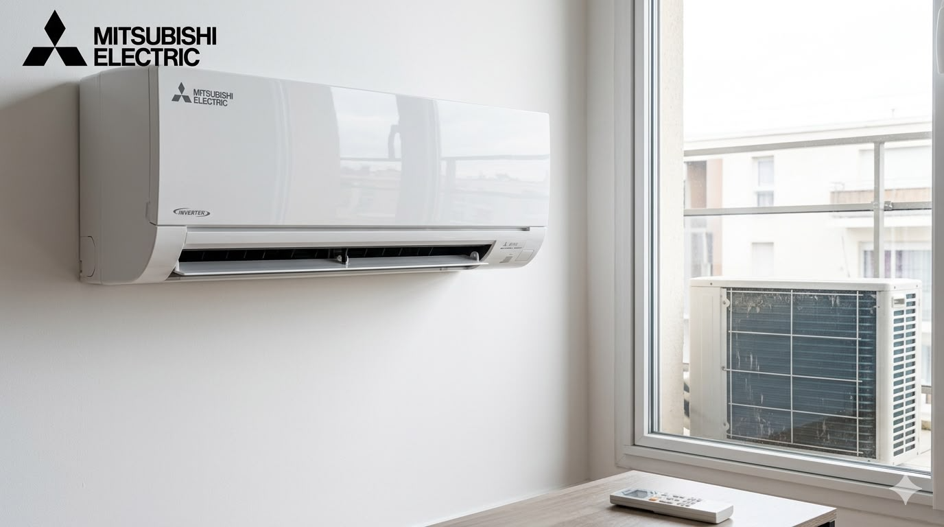 Climatisation murale Mitsubishi Electric Inverter installée près d'une fenêtre