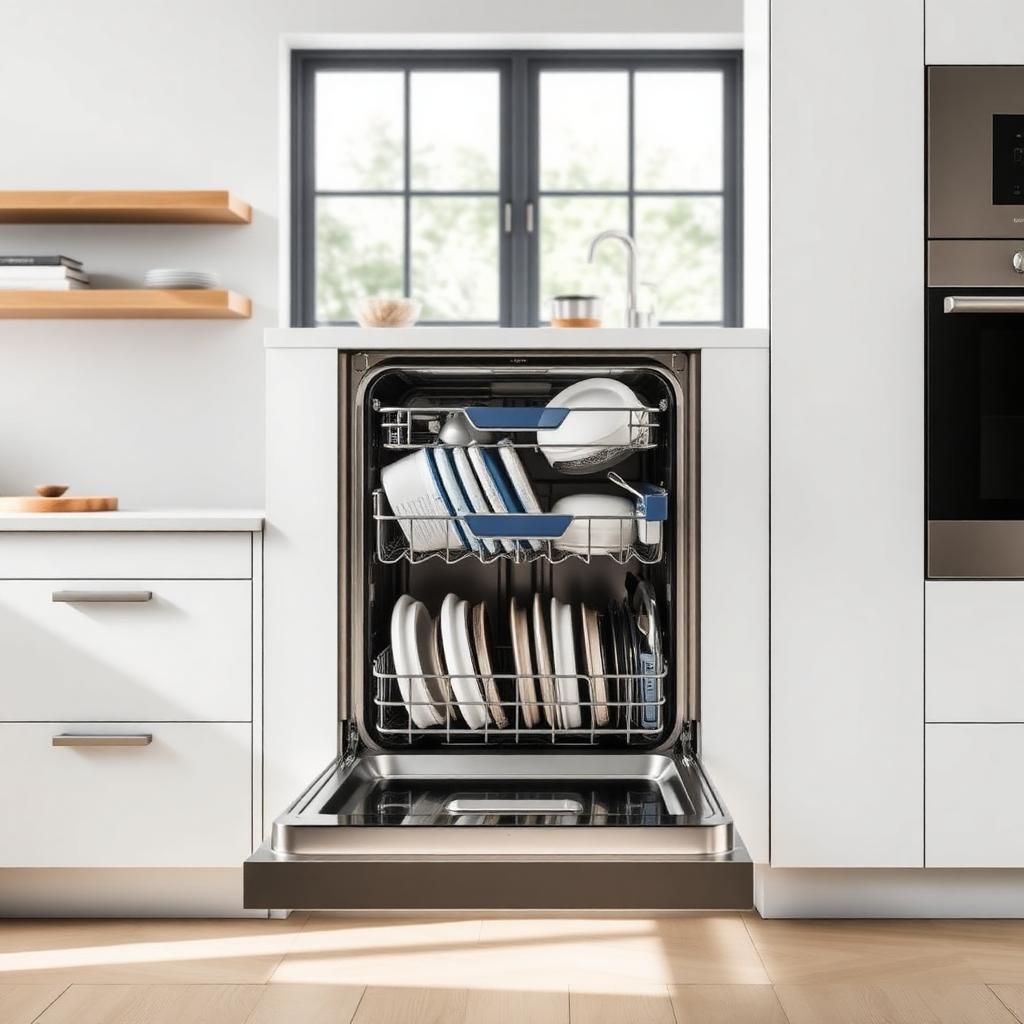Lave-vaisselle encastrable inox ouvert dans une cuisine moderne